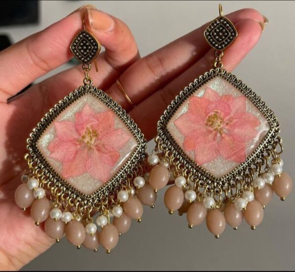 Handmade Square Resin Earrings with Pearl Drops - Image 2