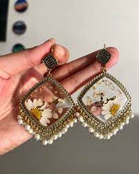Handmade Square Resin Earrings with Pearl Drops